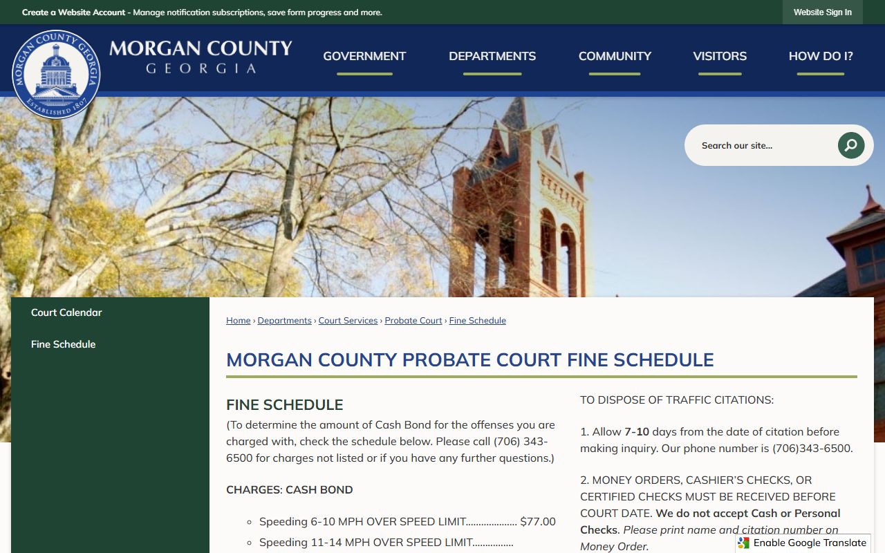 Morgan County traffic court records Probate Court fine schedule
